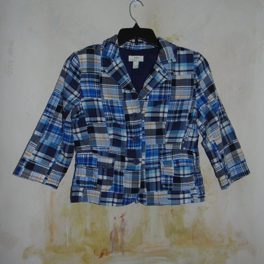Ann Taylor " Loft " Plaid Patch Blazer Blue Inverted Pleat Womens 6 Soft Lined